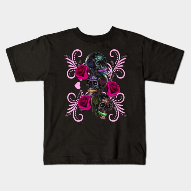 Triple Black Day Of The Dead Skulls Pink Roses Kids T-Shirt by Atteestude